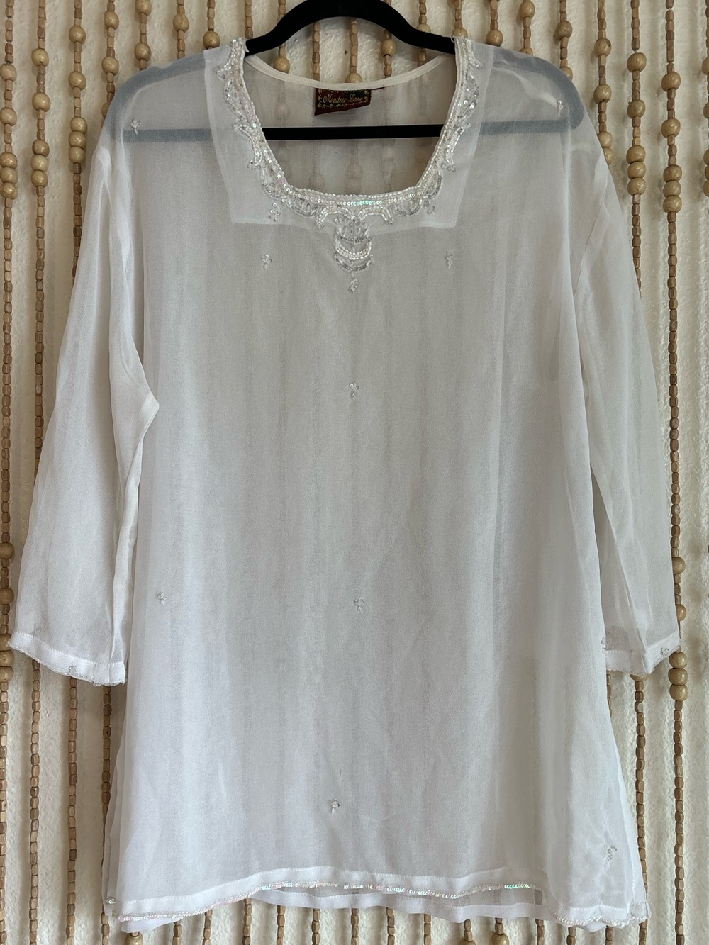 Vintage Meadow Lane White Beaded Angelic Fairy Whimsy Oversized Sheer Tunic Top